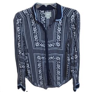 Anthropologie Maeve Peter Pan Collar Blue Printed Buttondown Soft Shirt Size 4